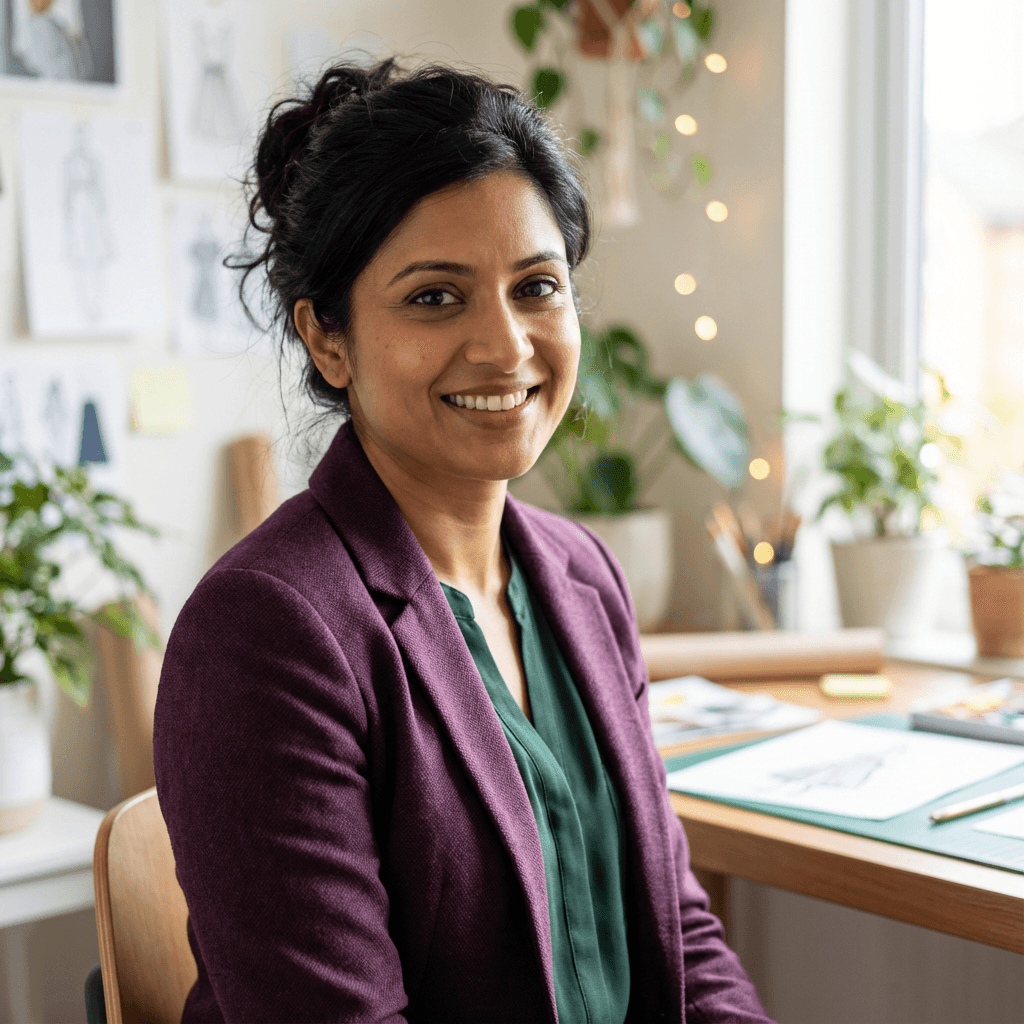 female client in her late 20s, South Asian, professional and approachable for financial services